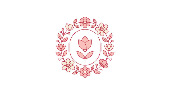 Pink flower logo with leaves.