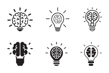 Brain in light bulb icon set. Creative intelligence and idea icon set with brain inside light bulb. Creative, generating idea, solution , knowledge, lamp vector. Idea and creativity icon collection. © AI Creatives