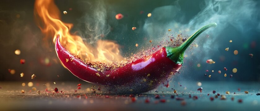 Fiery chili Red pepper engulfed in flames, spices scatter around the chili