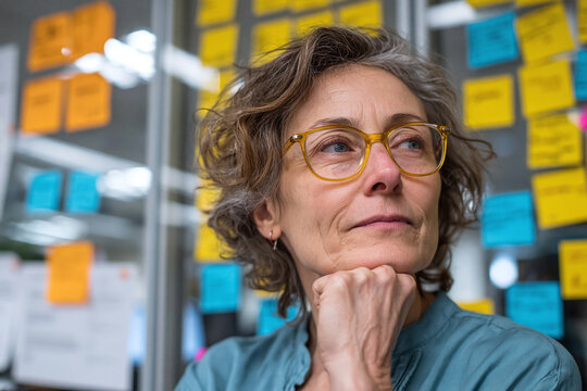 Experienced project manager contemplating strategy in front of glass wall covered with colorful sticky notes and task ideas, thoughtful expression conveying focus and planning