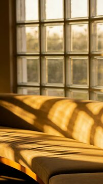 Vertical video: Shifting sun via glass blocks casting shadows on cushion at home, showing sun drift