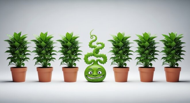 Minimalist row of identical potted plants featuring one unique smiling character head for individuality concept.