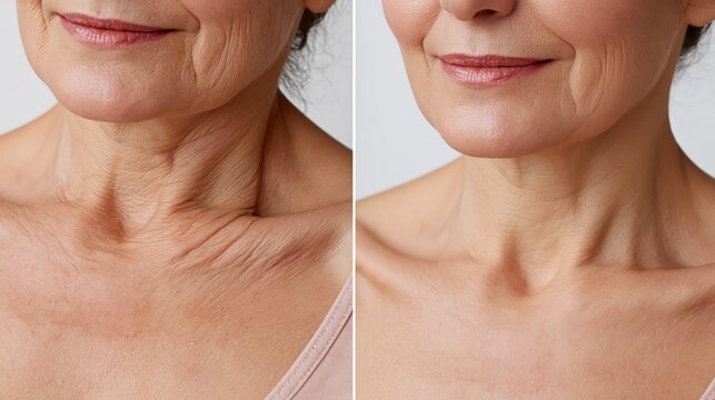 Split frame showing deep diagonal decolletage sleep wrinkles versus a completely smooth even chest surface. Concept of decolletage rejuvenation.