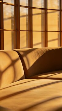 Vertical video: Late sun sliding across curved sofa in lounge, casting grid shadows, marking time