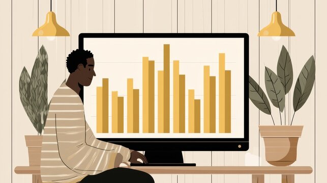 Man analyzing golden bar chart on computer screen in cozy room with plants and warm lighting for data study and financial review