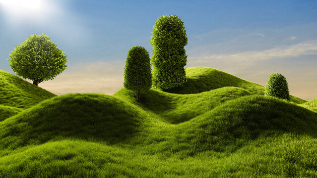 Sunny rolling grass hills with ornamental trees realistic 3D landscape