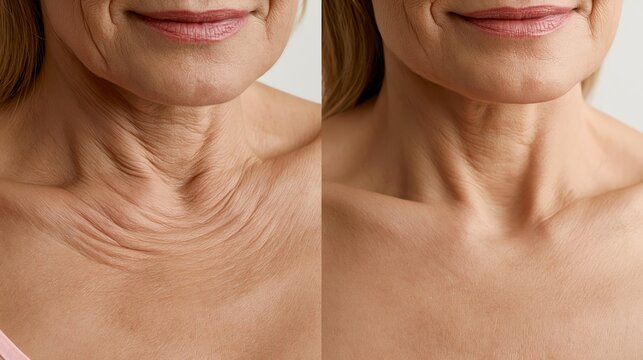 Split frame showing deep diagonal decolletage sleep wrinkles versus a completely smooth even chest surface. Concept of decolletage rejuvenation.