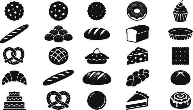 Bakery bread and sweet pastry silhouette vector icon set featuring delicious treats for cafe menu
