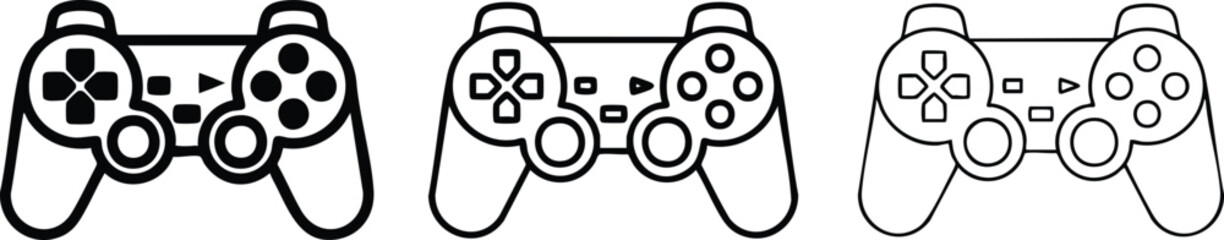 Three minimalist outline video game controller icons representing modern digital entertainment and interactive gaming experiences © GraphicGrove