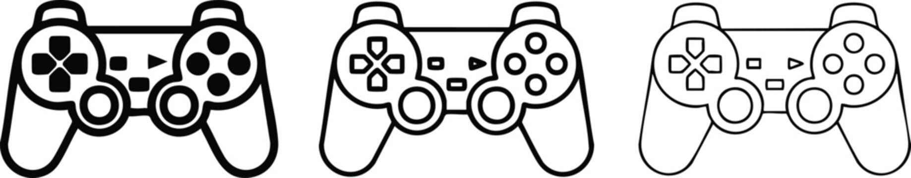 Three minimalist outline video game controller icons representing modern digital entertainment and interactive gaming experiences