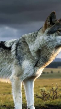 Vertical video: Spotting pool, gray wolf approaching, lapping water and scanning plain, for water