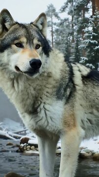 Vertical video: Hearing sound, adult gray wolf raising head, turning to check area in snowy stream