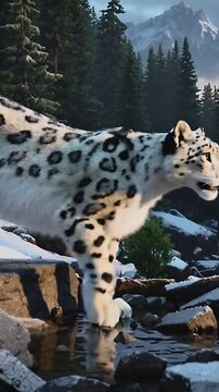 Vertical video: Sensing water, snow leopard moving along ledge toward stream, showing reflection