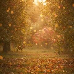 Fototapeta premium Sunlit Apple Orchard Pathway with Autumn Leaves and Bokeh Effect