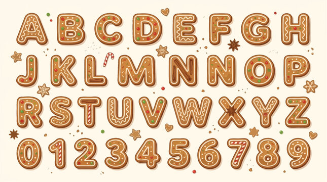 Delicious homemade gingerbread alphabet and numbers font, festive winter holiday sweet cookies, spicy ginger biscuit letters for Christmas celebration and seasonal baking decoration.