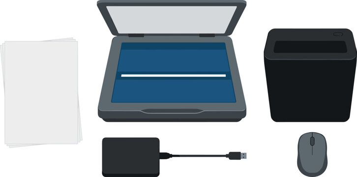 Vector illustration of computer peripherals and office hardware set including flatbed document scanner printer external hard drive computer mouse and stack of papers
