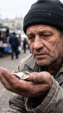 Homeless man holding coins in his hand begging for money on the street