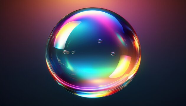 vibrant 3d bubble with glossy iridescent reflections floating on a dark gradient background transparent glass ball with colorful light effects soft highlights ideal for background banner poster