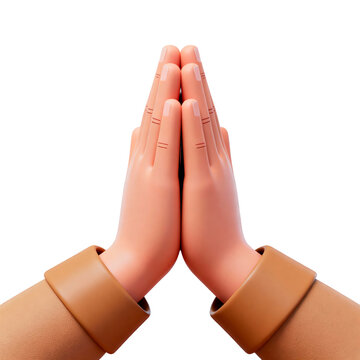 Hands folded in prayer gesture with orange sleeves isolated on transparent background