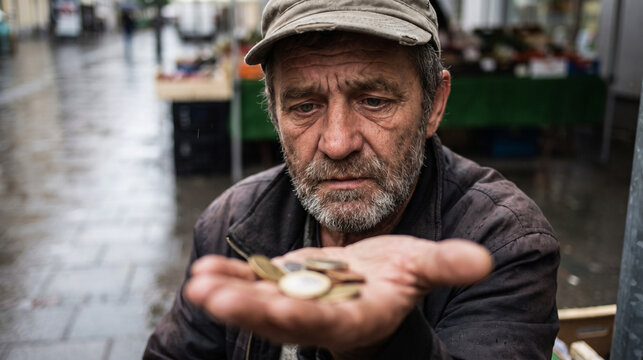 Homeless Man Begging for Money on City Street