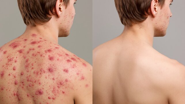 Split frame showing severely inflamed red pustular back acne versus completely clear smooth even-toned back skin. Concept of back acne treatment.