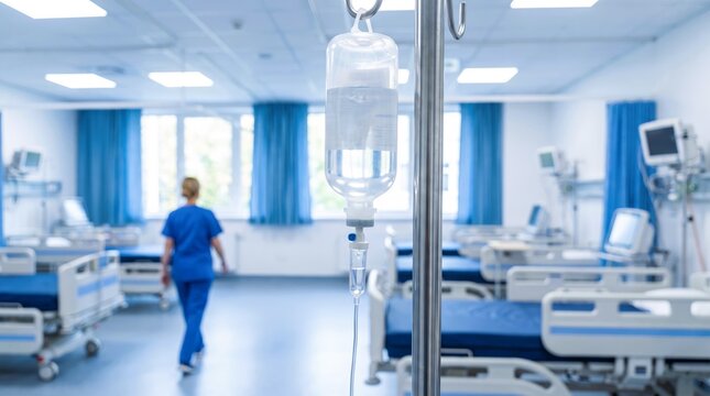 Clear medical intravenous drip bag with saline solution hanging on a metal stand inside a bright modern hospital recovery ward
