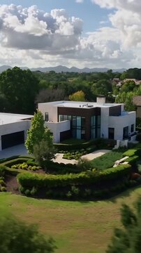 Vertical video: Drone rising and panning right over flat-roof house, revealing garage and hedges