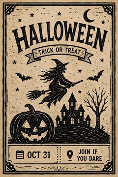 Vintage Halloween Poster with Witch, Haunted House and Jack-o&rsquo;-Lantern.