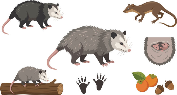 Opossum Wildlife Illustration Collection Featuring Virginia Opossum Anatomy Baby Marsupials Tracks and Forest Nature Elements Vector Illustration Set