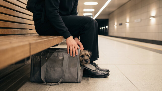 Urban subway platform pause with small dog in under-seat soft carrier