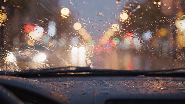 Rainy night drive seen through a car windshield with blurred city lights in the background, creating a moody and atmospheric scene