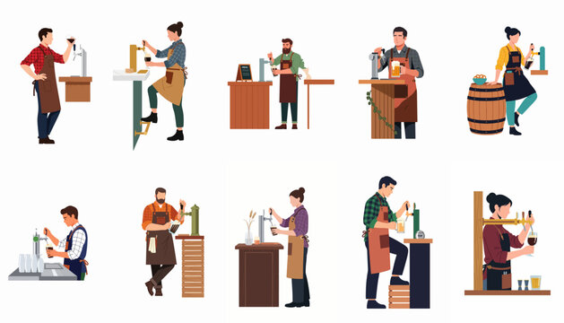 Set of Flat Illustrations Featuring Various Male and Female Bartenders Pouring Beer and Drinks at Bar Counters