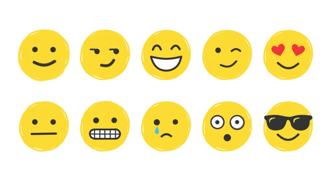 Collection of yellow smiley face emojis with diverse emotional expressions and funny facial moods