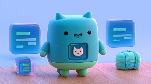 Cute blue 3D robot character with floating digital icons.