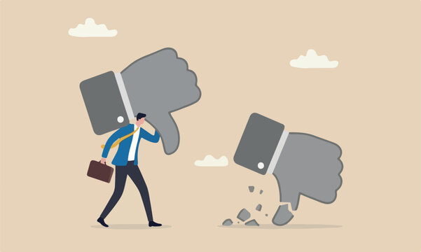 Customer complaint bigger one fall bad reputation, disappointment from mistake or failure, underperform, negative and dissatisfaction concept, tried businessman carry heavy thumb down symbol on his