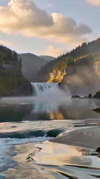 Vertical video: Waterfall falling creating swell, pool forming breaking wave in gorge, mist lifting