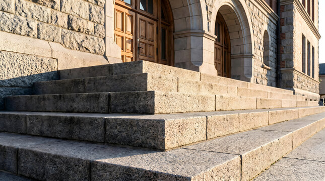 Stone steps leading to a classical building entrance with arched doorway and wooden doors in sunlight