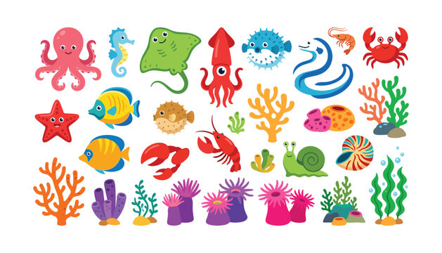 Cute sea animals and underwater coral reef elements vector illustration set featuring colorful marine life characters collection