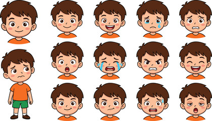 Cute cartoon boy character vector illustration set showing various facial expressions and emotional feelings avatar designs © Shukimon