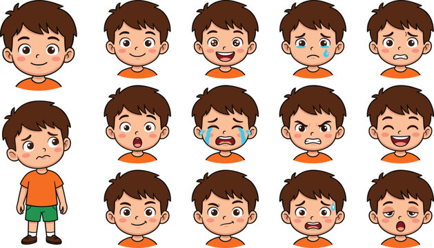 Cute cartoon boy character vector illustration set showing various facial expressions and emotional feelings avatar designs