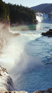 Vertical video: Camera panning terraced pools spilling over rims toward falls in gorge making mist