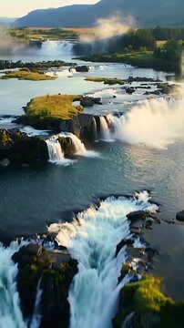Vertical video: Pulling drone cam showing tiered falls, blue pool at gorge, person in light top