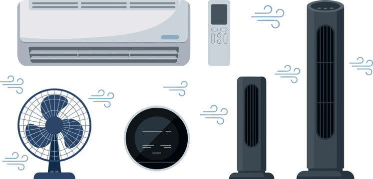 Vector illustration of home cooling and air conditioning equipment set including wall ac unit remote control electric fans and smart thermostat on white background
