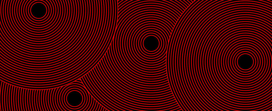 Abstract background with vibrant red concentric circles overlapping on a black backdrop. Modern geometric optical illusion pattern design for panoramic banners and headers.
