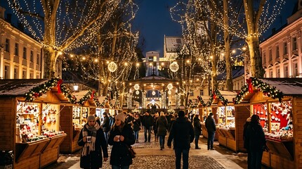 Naklejka premium Beautiful christmas market stalls with festive decorations in city.