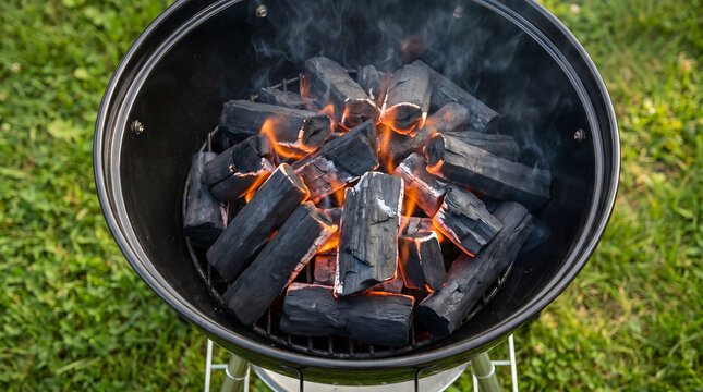 Round charcoal barbecue grill with burning wood briquettes and rising smoke outdoors