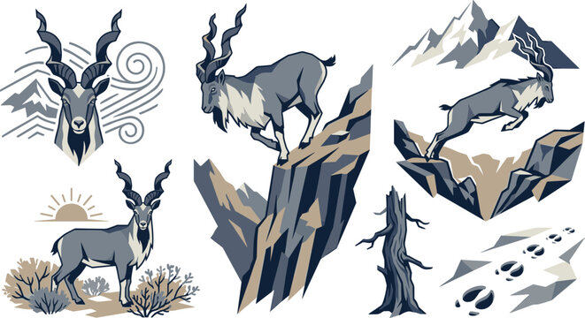 Markhor Mountain Wildlife Illustration Collection Featuring Wild Goats on Rocky Cliffs Alpine Landscapes Nature Elements and Conservation Vector Design Set