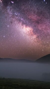 Vertical video: Moving Milky Way core drifting over fog valley in timelapse to reveal star motion