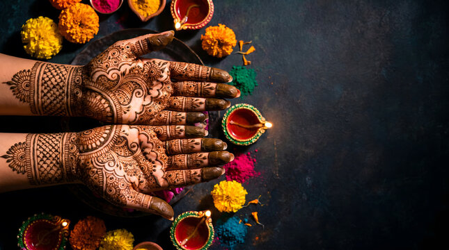 Hands adorned with intricate henna patterns surrounded by colorful powders and oil lamps