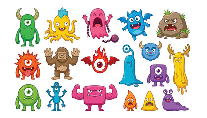 Fototapeta premium Cute and funny cartoon monsters collection vector illustrations set featuring colorful fantasy creatures ghosts aliens and beasts